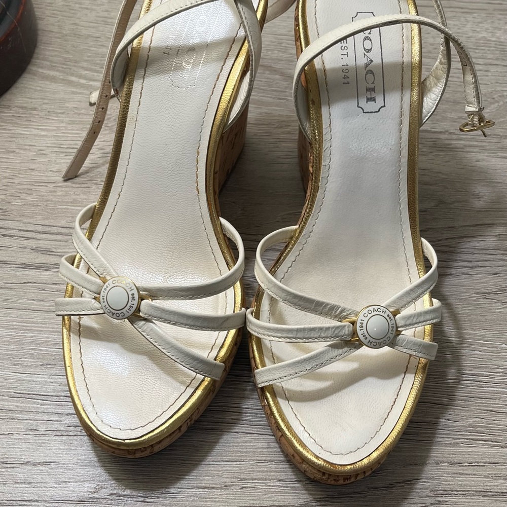 Coach Women's Cream and Gold Strappy Wedges